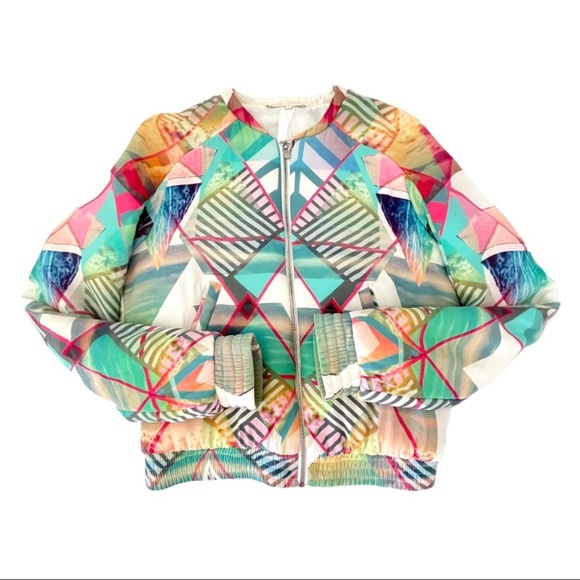 Maje Silk Bomber Jacket Multicolor Abstract Print Size 36 XS - Small - Picture 3 of 16